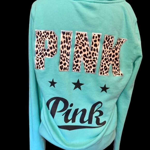 VS PINK Mint Leopard Trim Full Zip Hoodie Woman's Sz Large - Picture 5 of 8